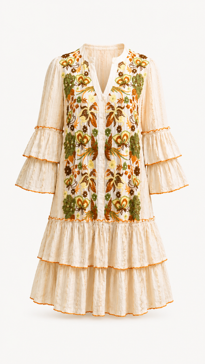 Lea Embroidered Ecru Dress