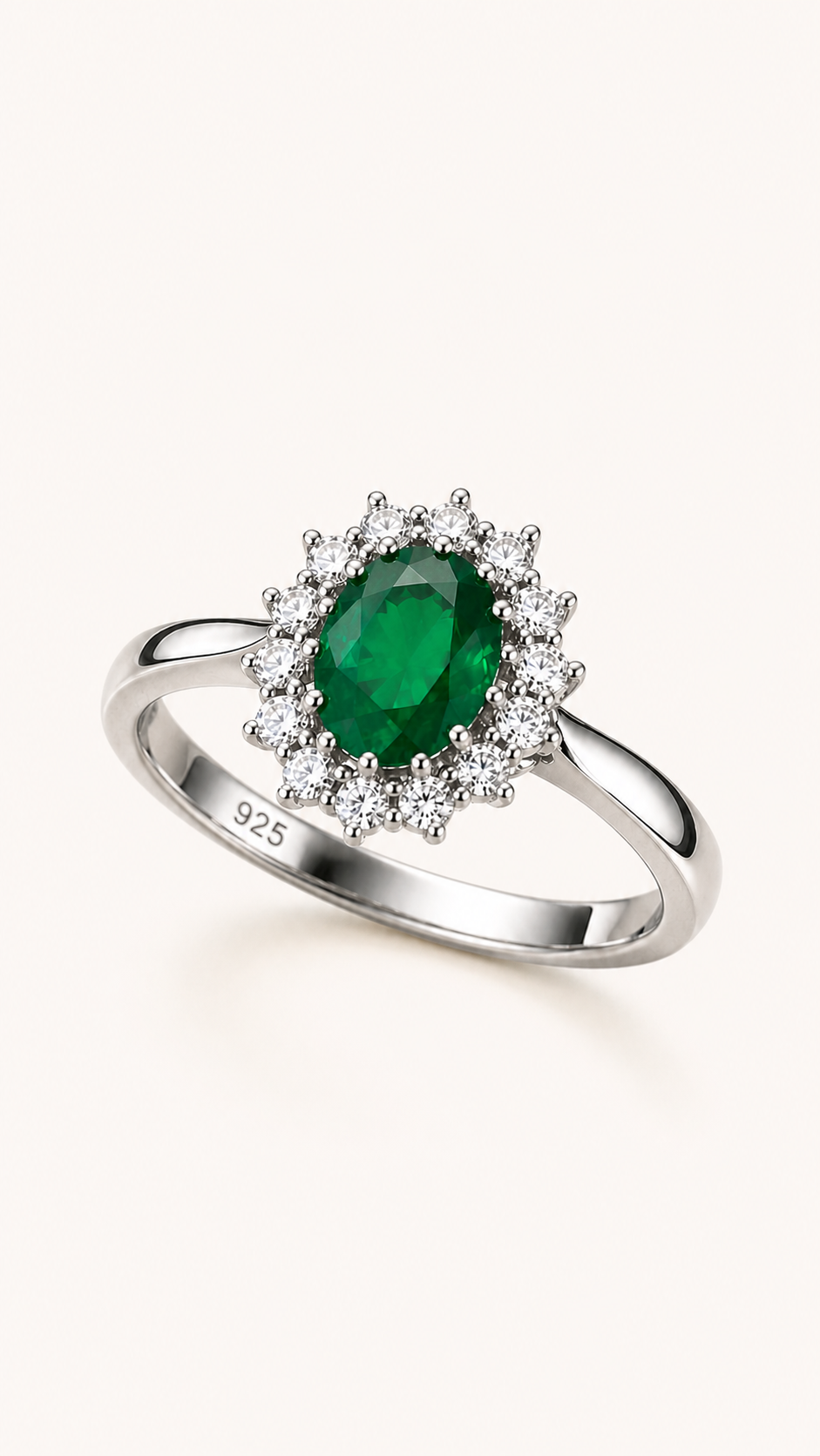 Emerald Halo Ring - 925 Sterling Silver