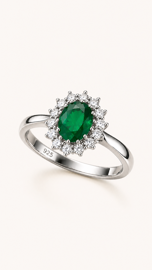 Emerald Halo Ring - 925 Sterling Silver
