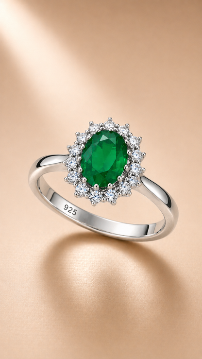 Emerald Halo Ring - 925 Sterling Silver