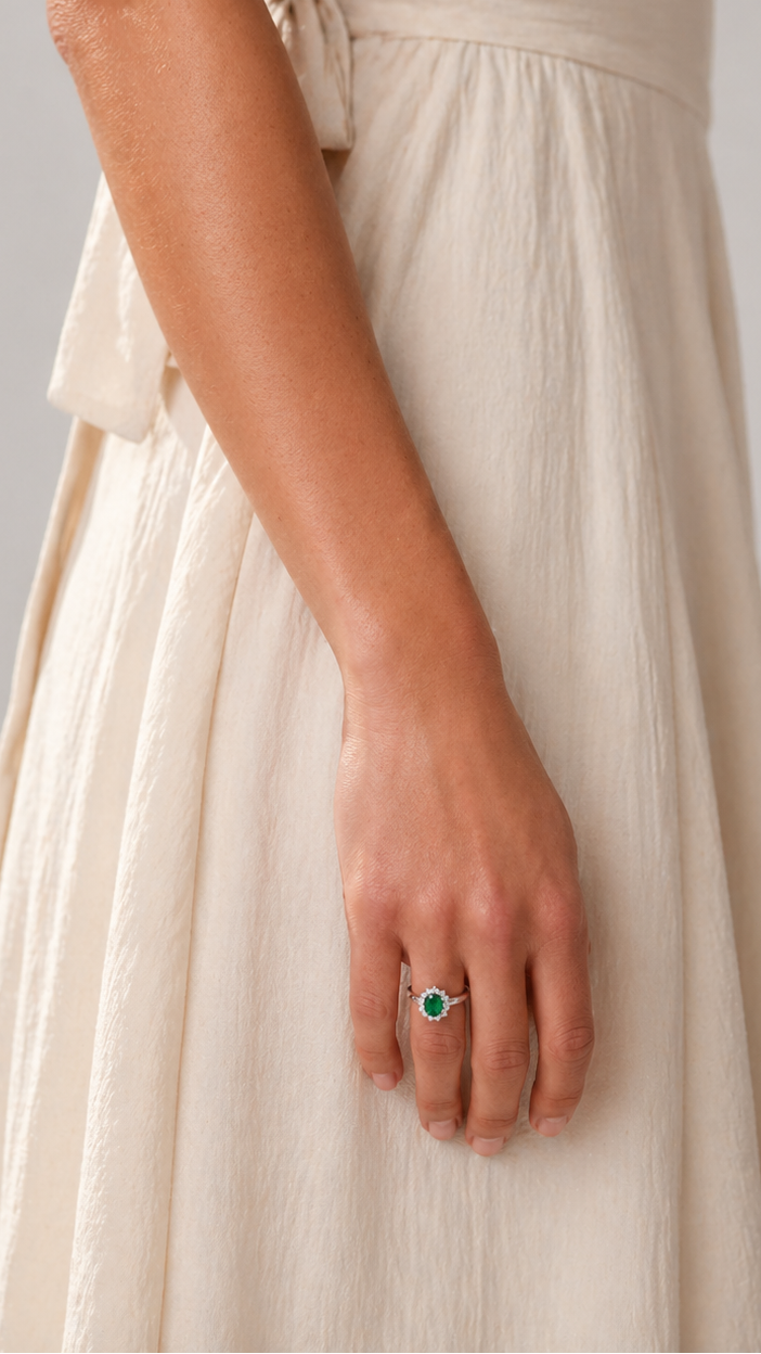 Emerald Halo Ring - 925 Sterling Silver