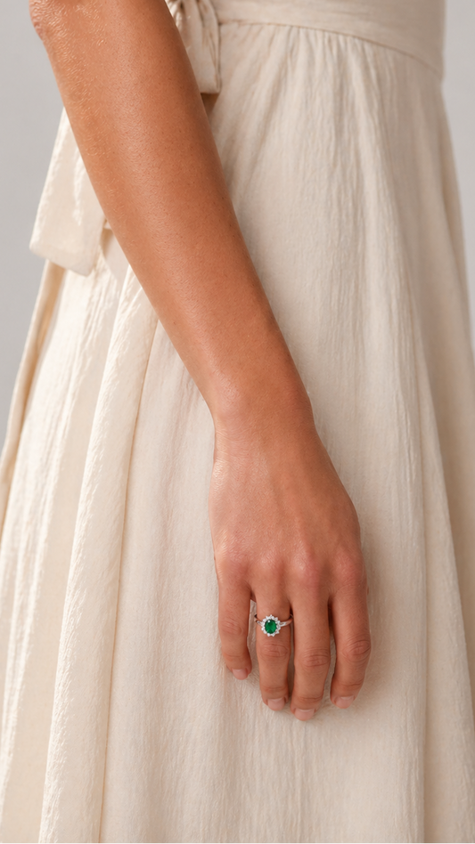 Emerald Halo Ring - 925 Sterling Silver